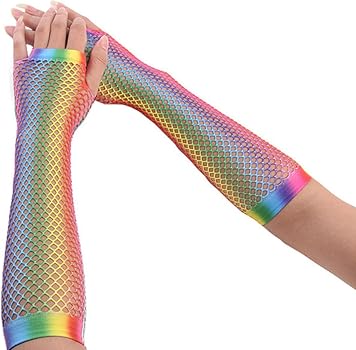 AKH® Lange Fischnetz-Handschuhe In Regenbogenfarben – Fingerlos, Dehnbar, Für Kostüme & Partys