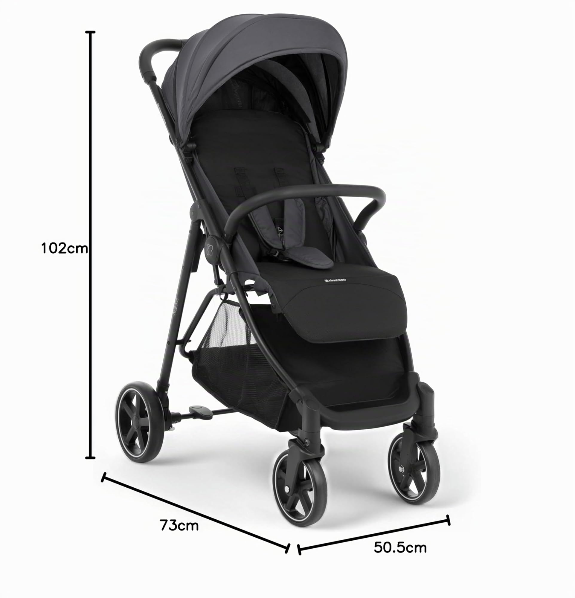 KikkaBoo ALEXA Passeggino Leggero dalla nascita fino a 22 kg, Pieghevole con una mano, Schienale reclinabile, Ruote con sospensioni, Poggiapiedi regolabile, Cintura di sicurezza a 5 punti, Grigio