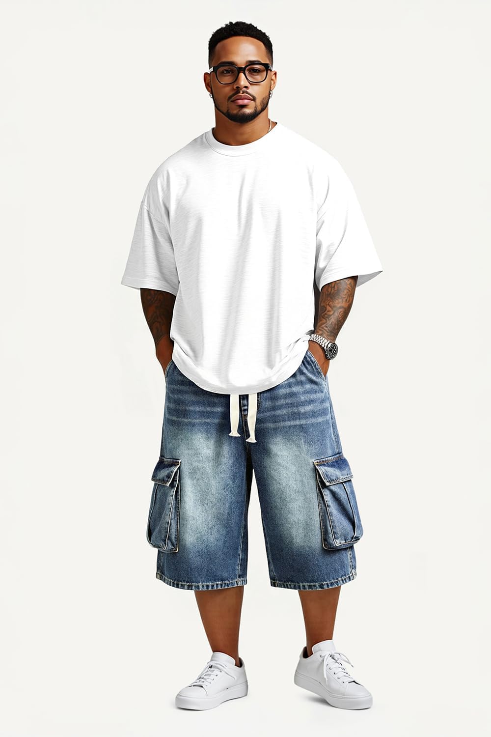 GINGTTO Mens Baggy Jean Shorts Cargo Long Denim Shorts Elastic Waist 15 Inch Inseam - Image 8