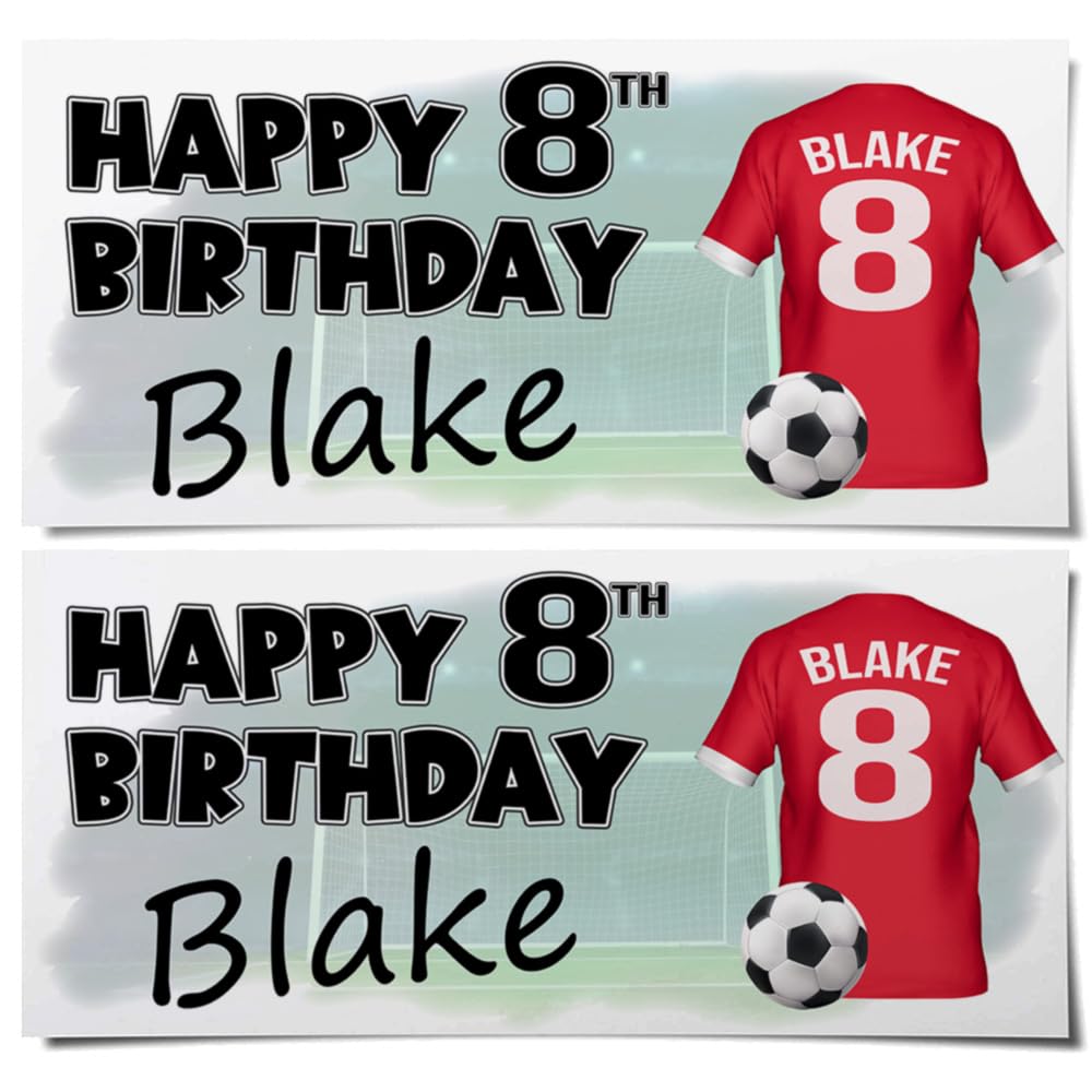 Personalised Football Birthday Banners - Red Shirt Colour with Any Name & Age/Number – Boys & Girls Party Decoration – Custom Birthday Supplies (Pack of 4)