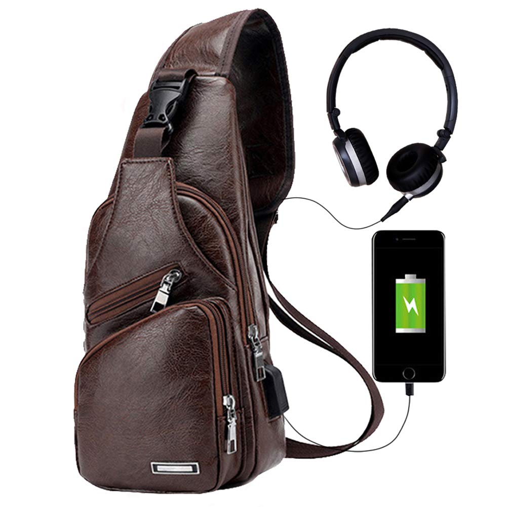 JUMO CYLYMens Sling Bag, Leather Sling Bag with USB Charging Port Waterproof Casual Daypack Chest Crossbody Bag