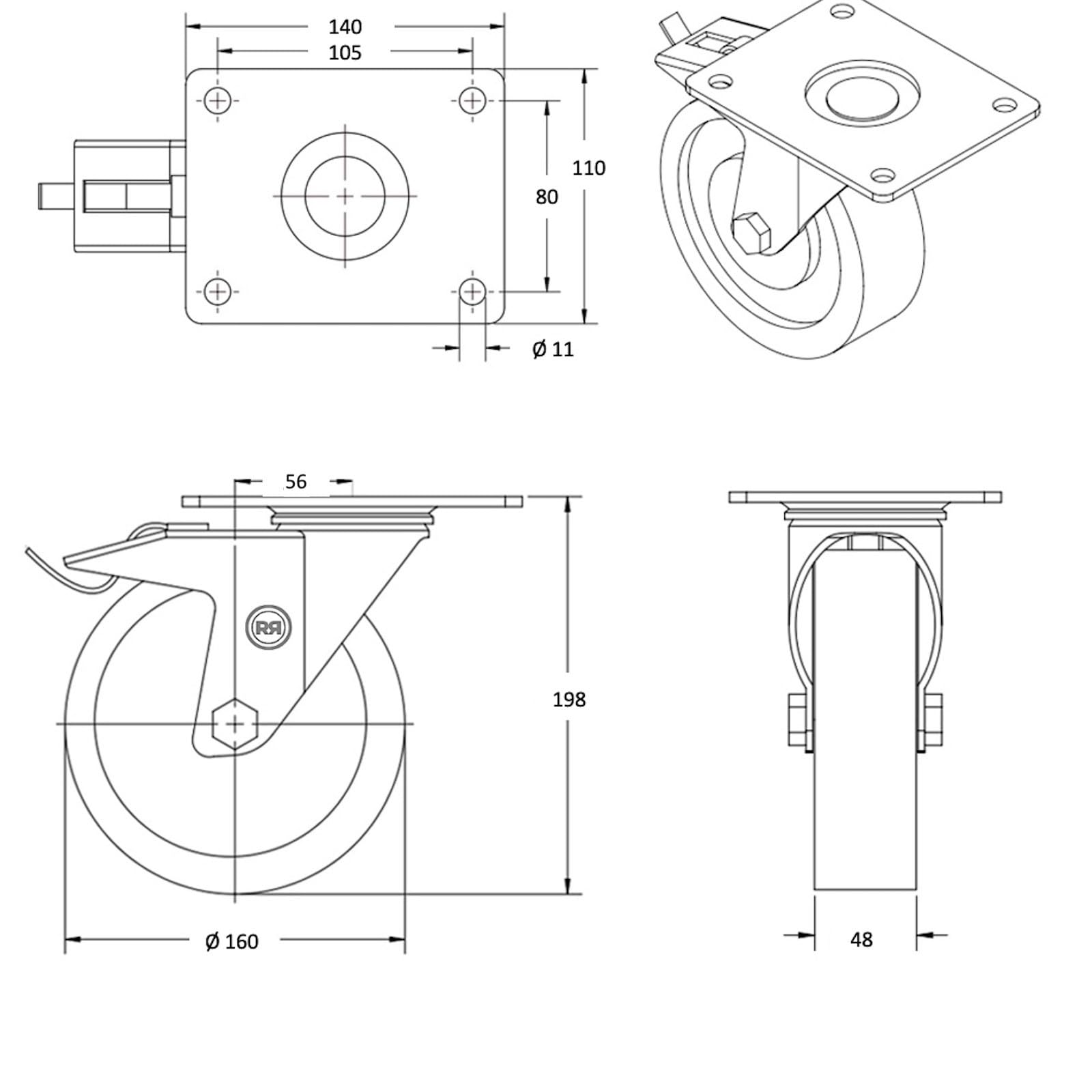 Roulette pivotante à frein caoutchouc EASYROLL® BLEU diamètre 160 mm roulement à billes - 300 Kg