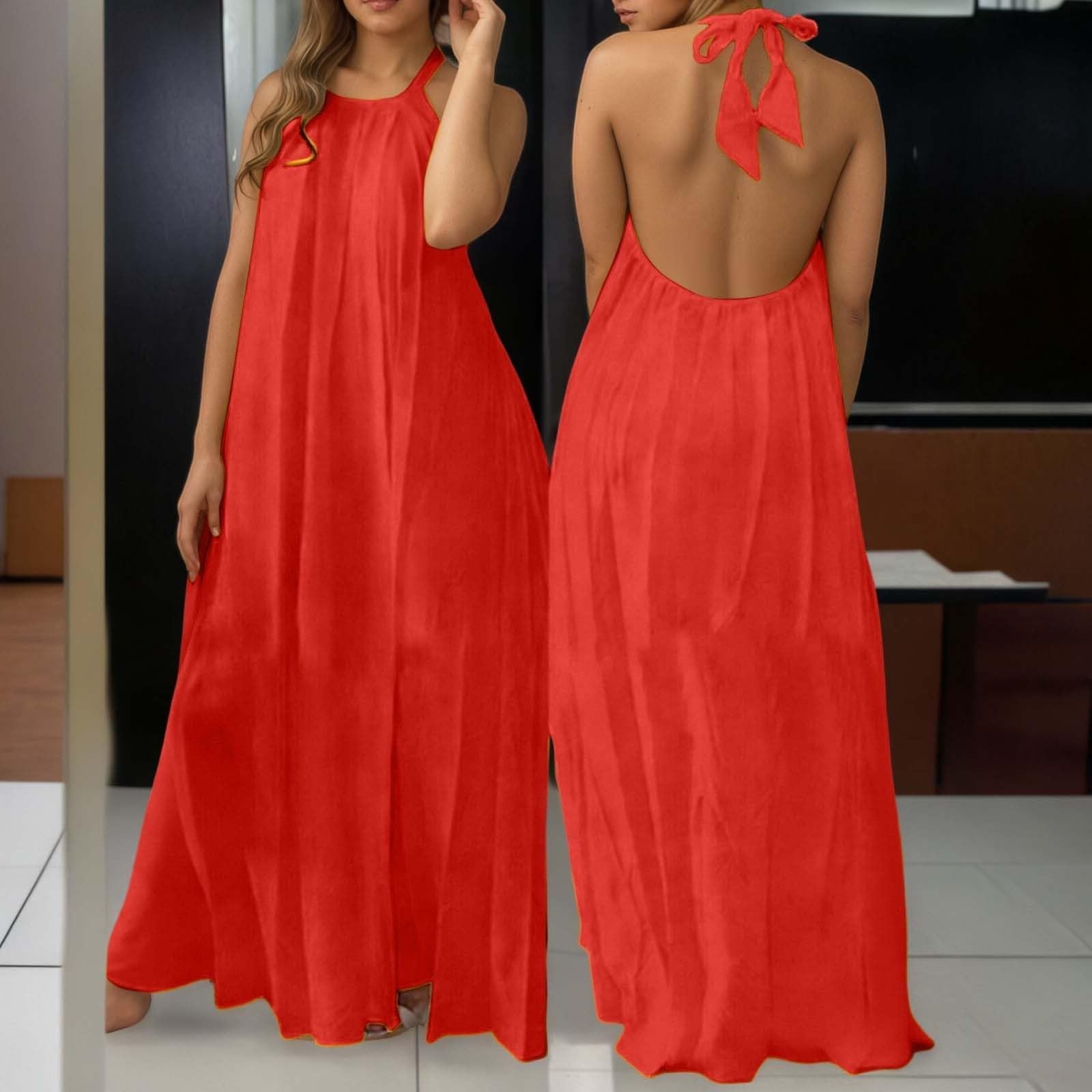 Générique Robe Longue Femme Chic Et Elegant Bretelles Spaghetti Coton Boheme Robe à Bretelles Elegant Chic Robes Lin sans Manches DéContracté Quotidien Boho Plage Vacances Plage éTé
