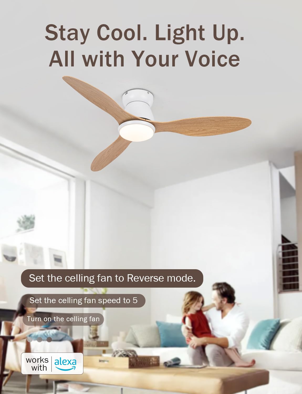 Smart Deckenventilator Mit Beleuchtung Kompatibel mit Alexa Dc 106cm Deckenventilator mit Licht Leise Dimmbar Holzmaserung Design Für Wohnzimmer Schlafzimmer, Weiß