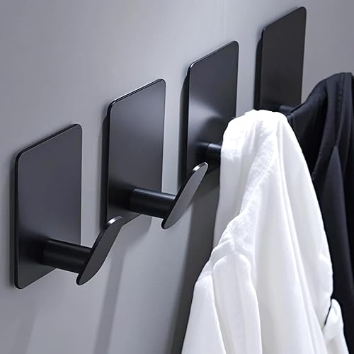 Paquete de 4 ganchos adhesivos para toallas y abrigos, ganchos de pared de acero inoxidable negro mate para accesorios de baño y cocinaRV