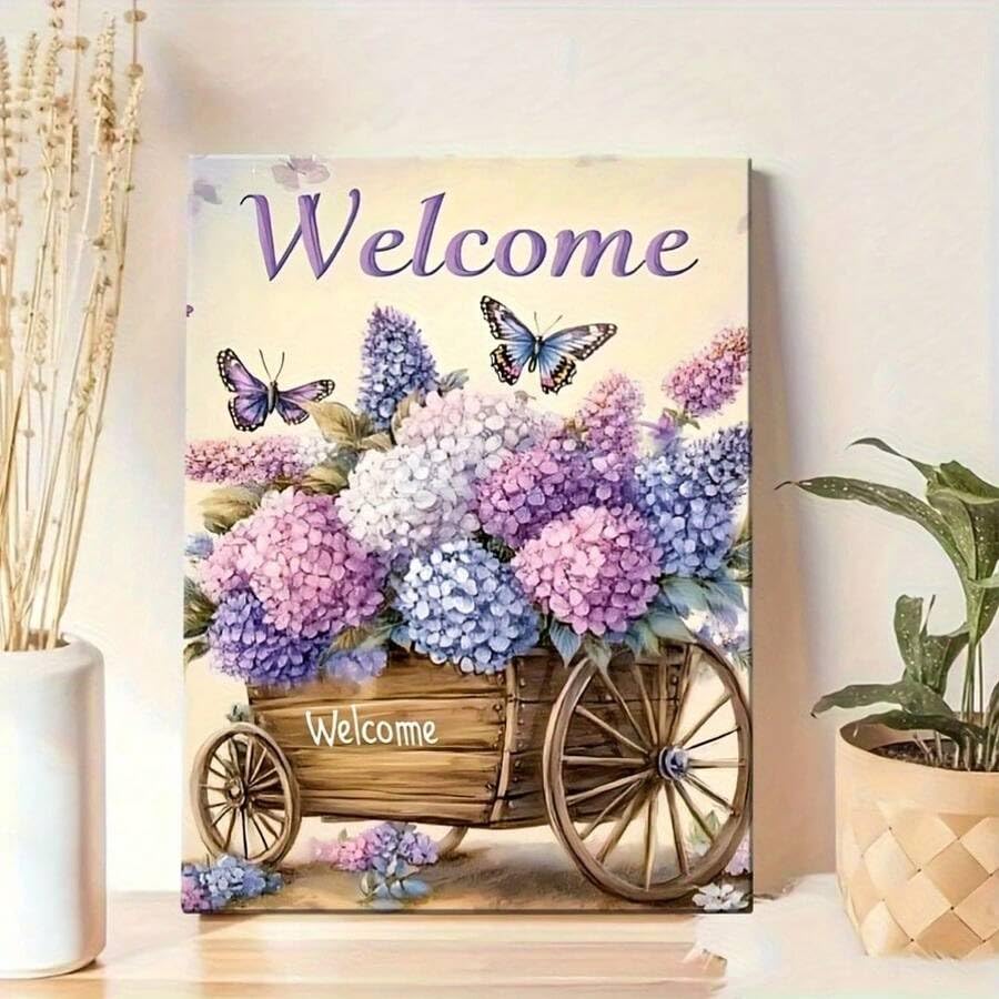 Toile avec panneau de bienvenue floral pour une déco de salon campagnarde