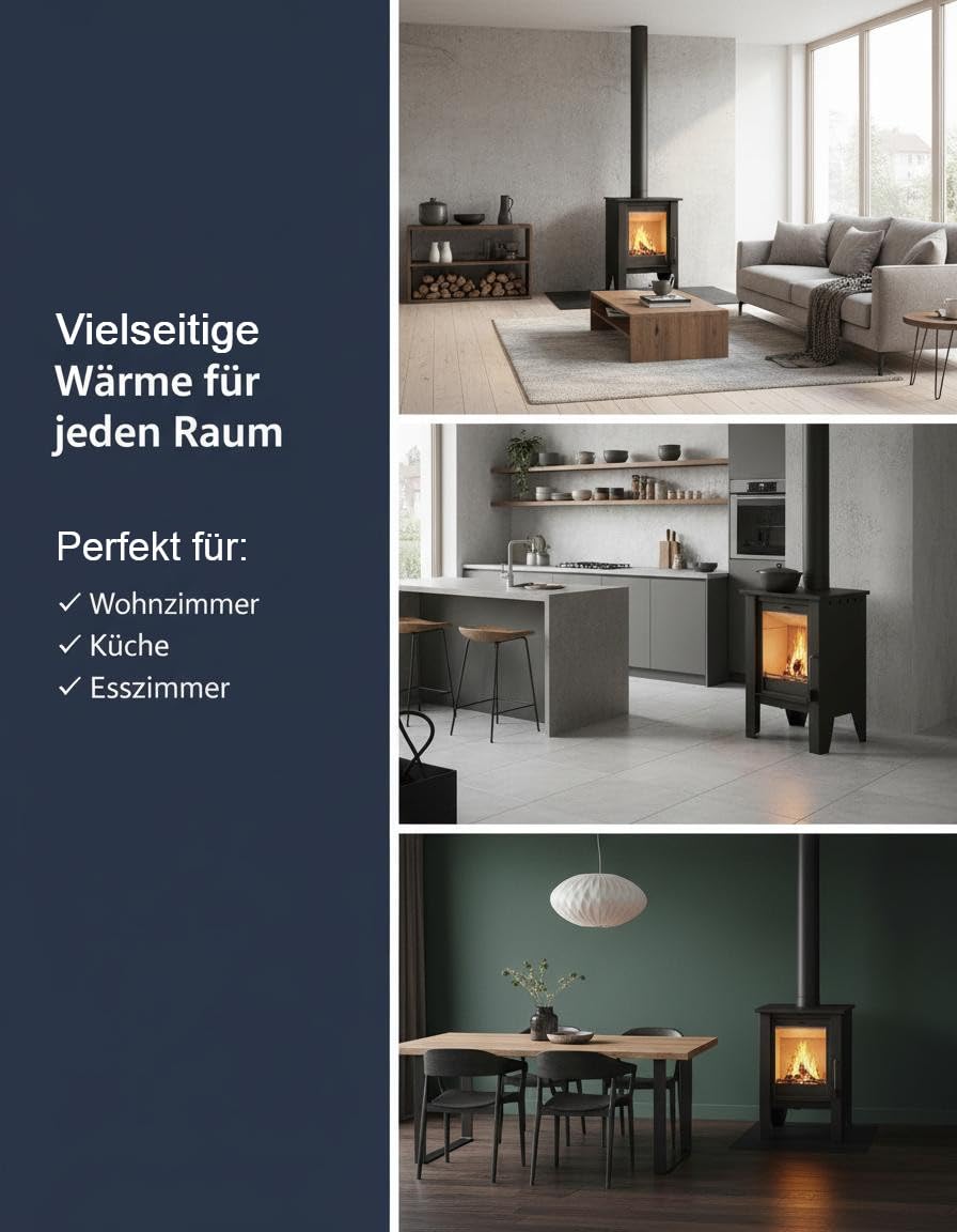 NEMAXX® H8 Belüfteter Holzofen Kaminofen Schwarz 7,6 kW 50–90 m² Warmluftgebläse Tangentiallüfter 2 Stufen Primär-/Sekundärluft EEK A 76% Ø 150 mm Vermiculite-Auskleidung Keramikglas 850 °C