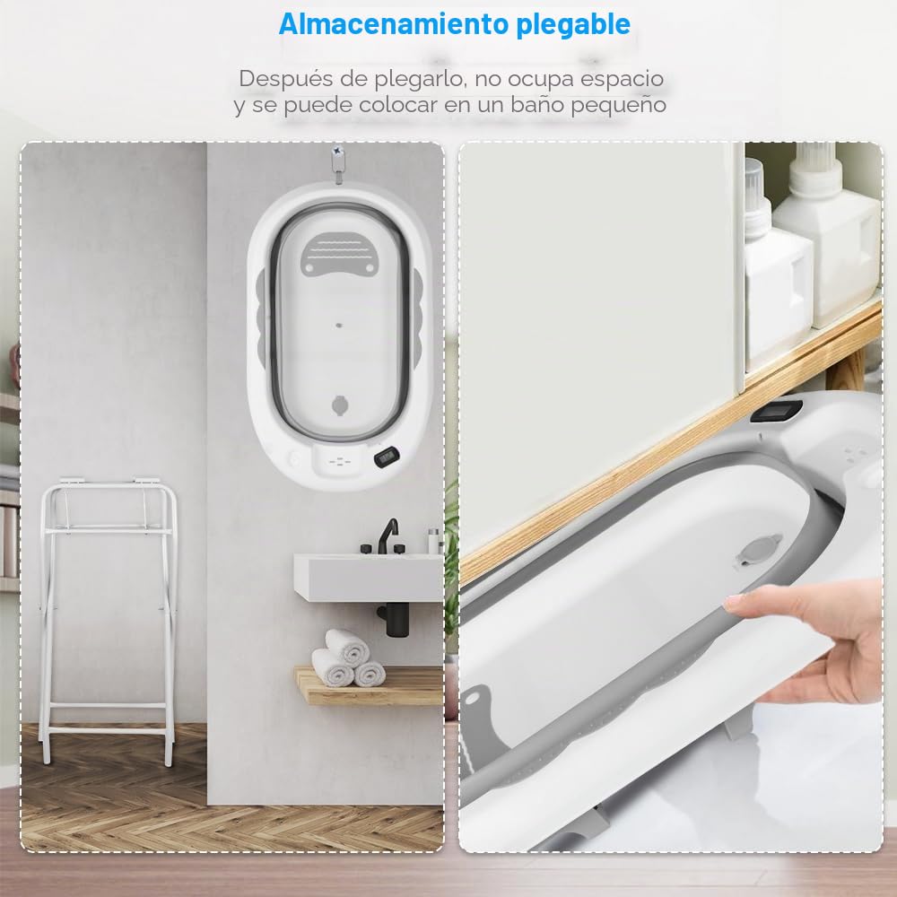 OHMG Bañera para bebé con soporte de 85 cm, bañera plegable para bebé, con termómetro y cojín de baño, bañera plegable