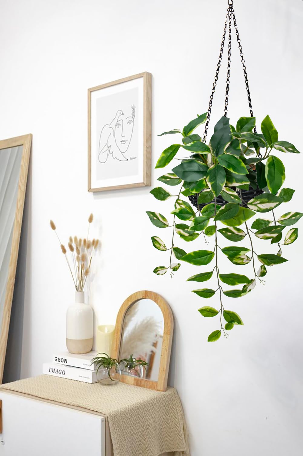Oairse Artificial Hanging Plants Fake Hanging Plants with Pots Faux Golden Pothos N‘ Joy Potted Plants Hanging Wall Plants with Basket Pot for Wall Shelves Bedroom Bathroom Indoor Outdoor - Image 3