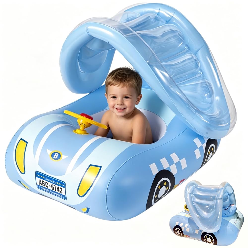 Baby Schwimmring mit Sonnendach, Schwimmring Baby mit Dach UPF50+, Sportauto mit Lenkrad, Leicht zu Transportieren, Schwimmhilfe Kinder 1-4 Jahre für Außenbereich, Strand, Garten
