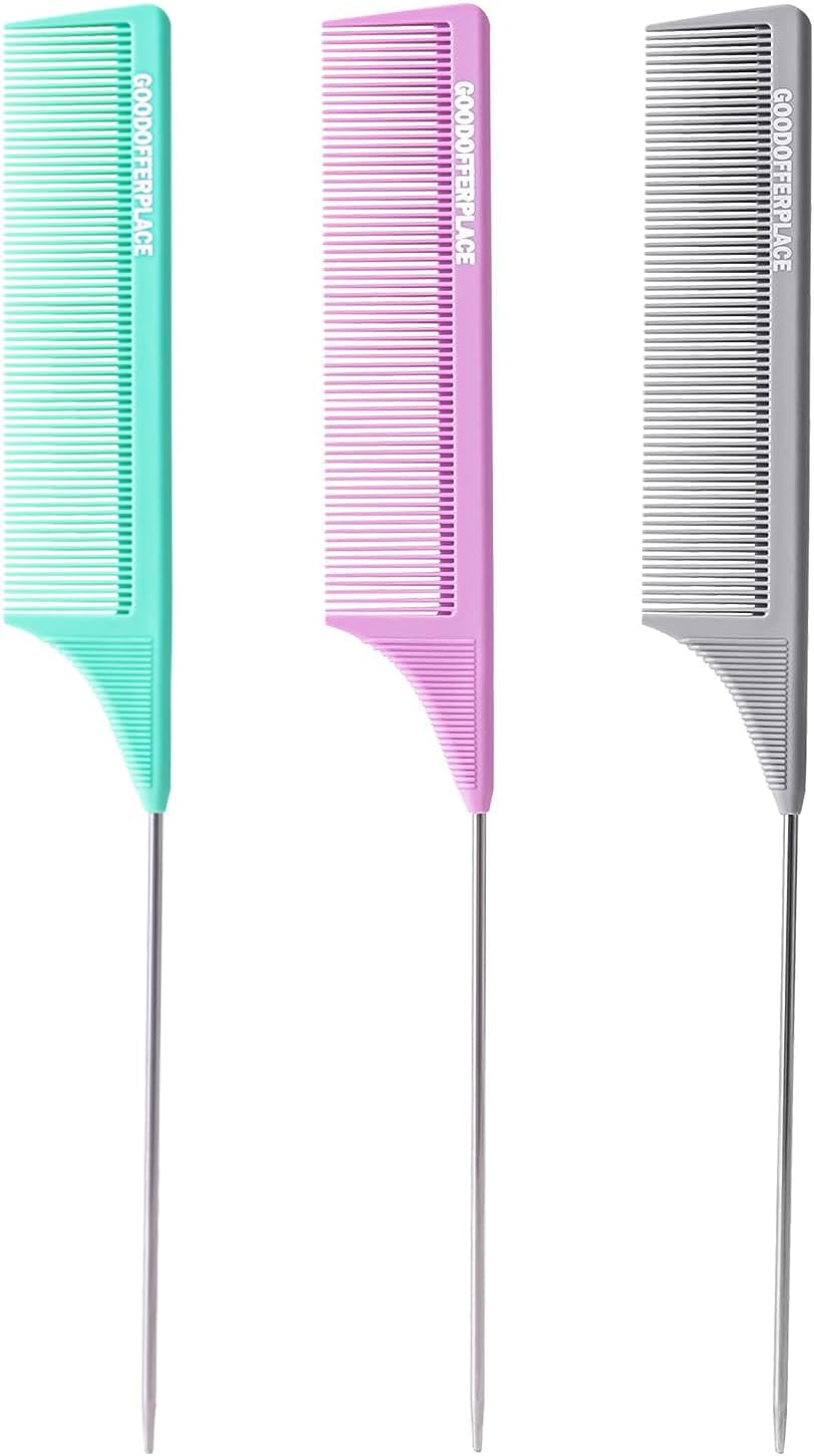 3 PCS Rat Tail Combs Parting Rattail Teasing Fine Tooth Comb with Metal Pick for Curly Hair,Detangling Parting Combs for Women for Braiding,Styling Hair(Green Purple Grey)