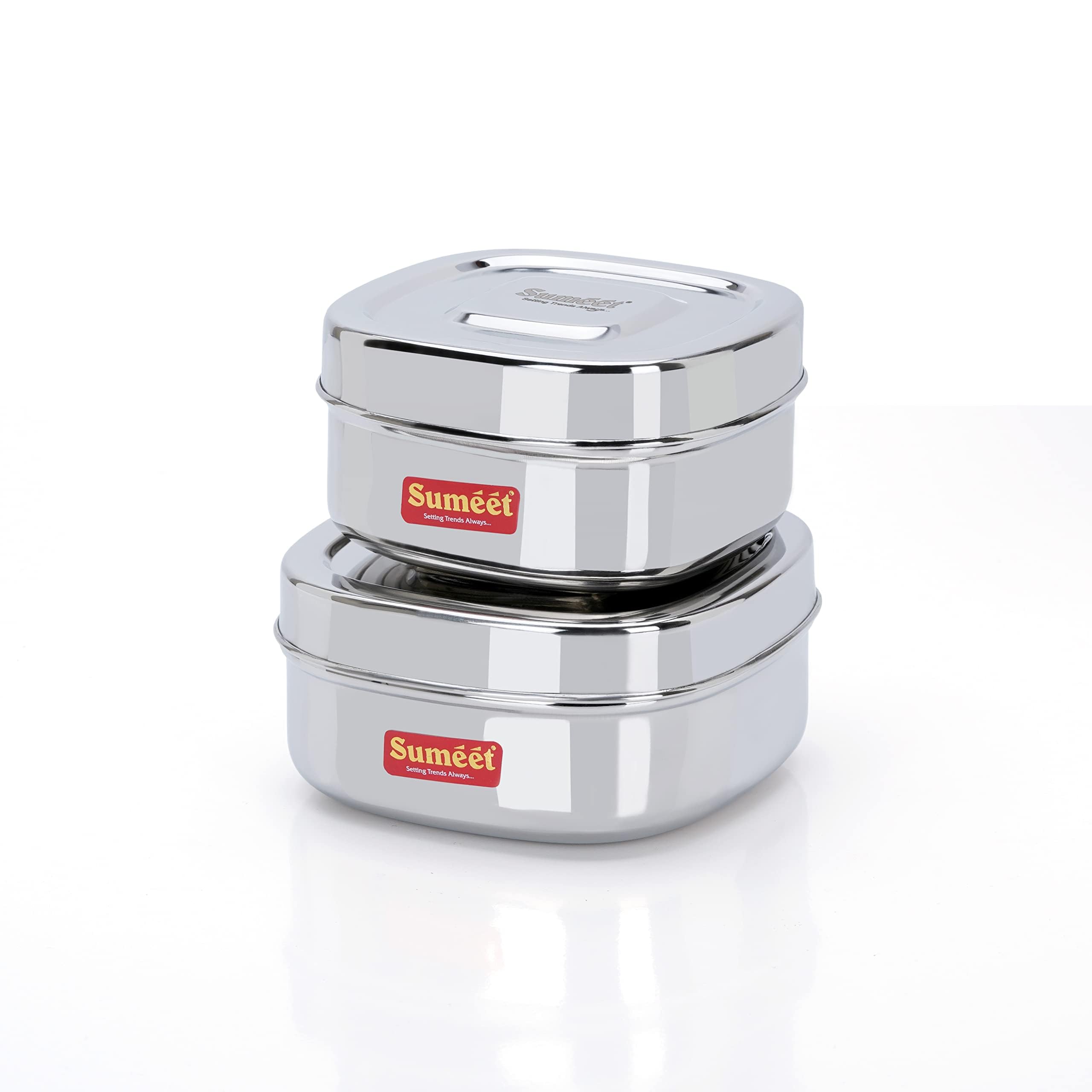Sumeet Stainless Steel Square Storage containers box/Dabba for Kitchen, Set of 2Pcs,550ml & 700ml, 11cm & 12.5cm Dia, Silver