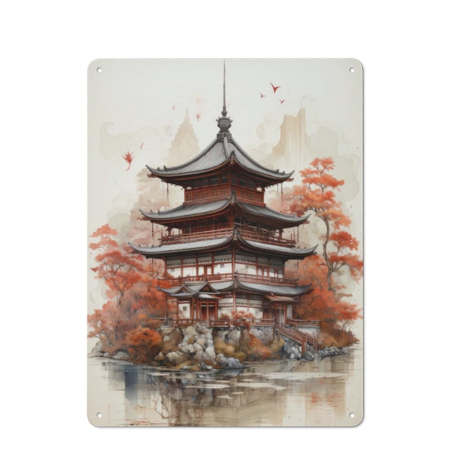 Junmoney Japanese Pagoda Watercolor For Guest Room Or Hallway, Retro-Style Tin Sign 40X30cm, For Vintage Wall Decor Fans, For Themed Room Decoration