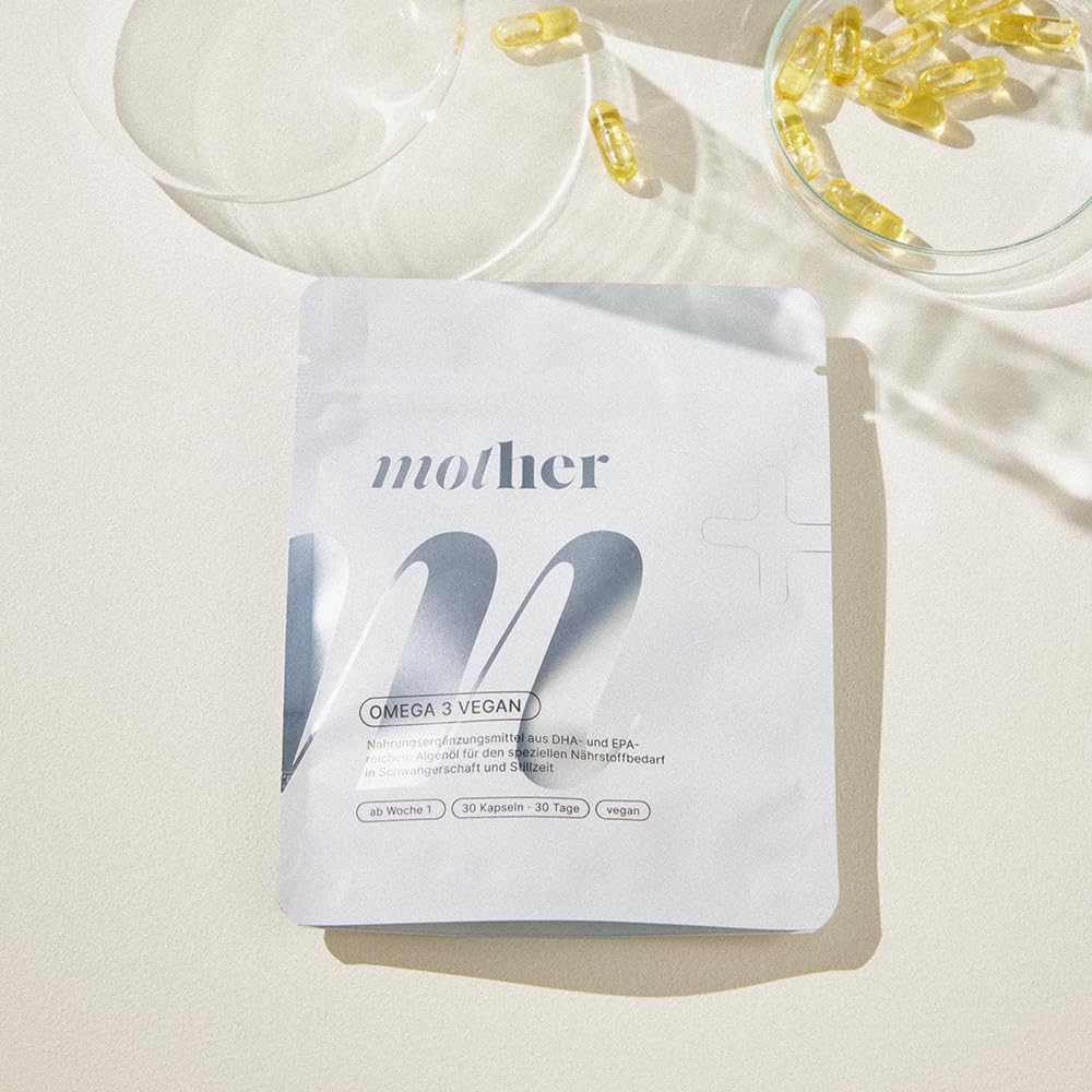 mother+ Omega-3 vegan Mono – Hochwertiges Omega-3 aus Algenöl/Mit DHA & EPA für Schwangerschaft, Stillzeit & Mama-Gesundheit / 100% vegan & nachhaltig