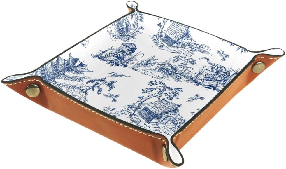 Storage Boxes Small, Chinoiserie Style Horse Animals Tiger Tree Painting, Leather Valet Tray Desktop Storage Organizer for Wallets Watches Keys Coins Cell Phones and Office Equipment