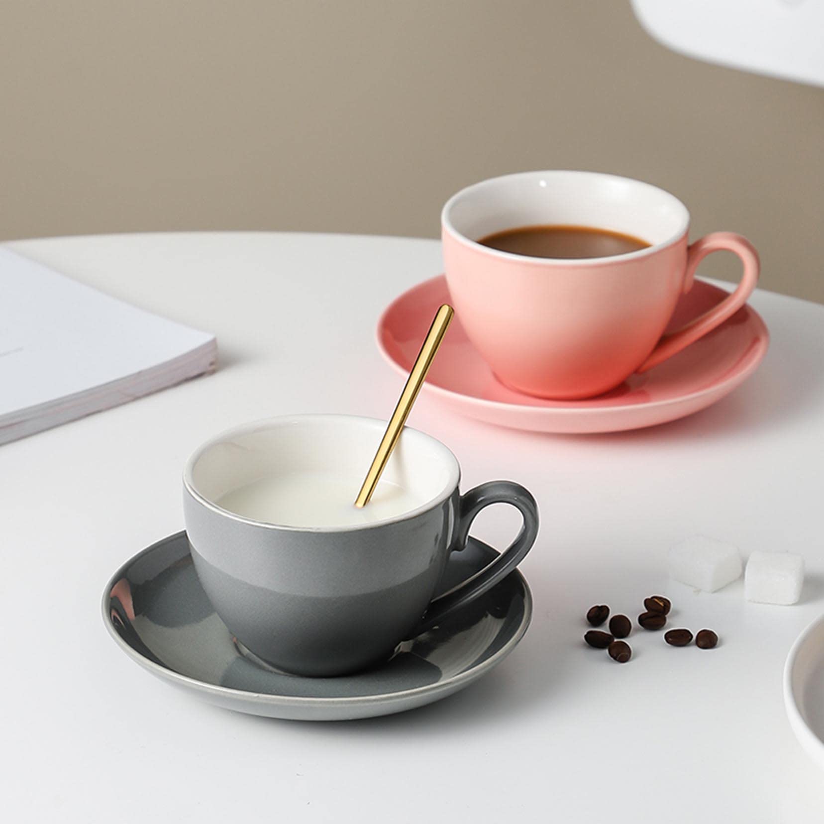 Einfarbige Keramik, 7,4 Oz/220 Ml, Elegantes Set Aus Latte-Tassen Und Untertassen, Moderne, Mehrfarbige Tassen, Ein Tolles Geschenk, Ideal Für Tee, Kaffee, Cappuccin green-550ml