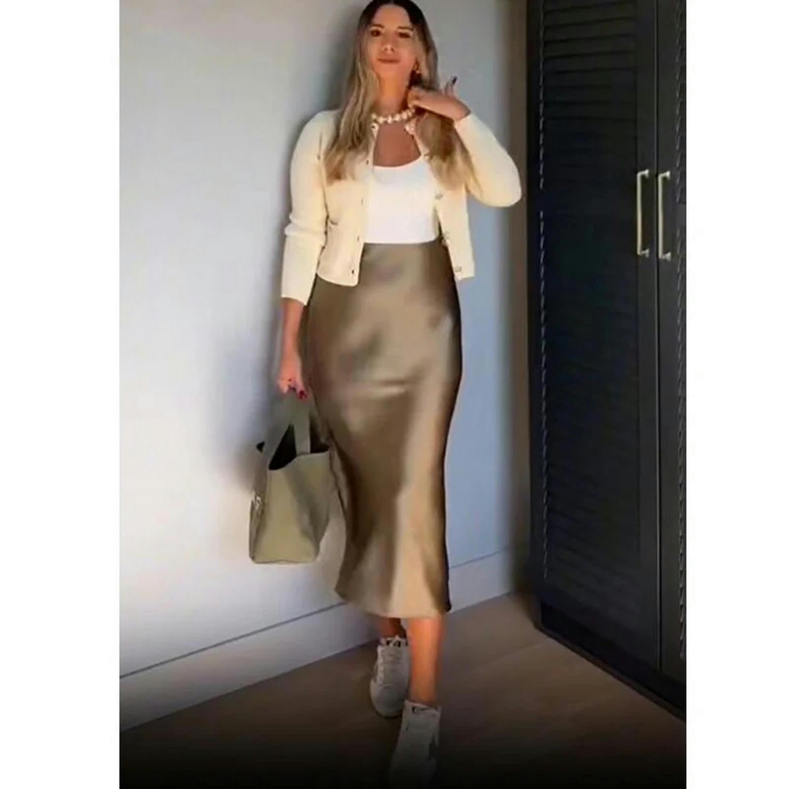 Czarna spódnica satynowa spódnica midi damska wysoka talia długie spódnice dla kobiet moda jesień na co dzień elegancka spódnica damska na imprezę
