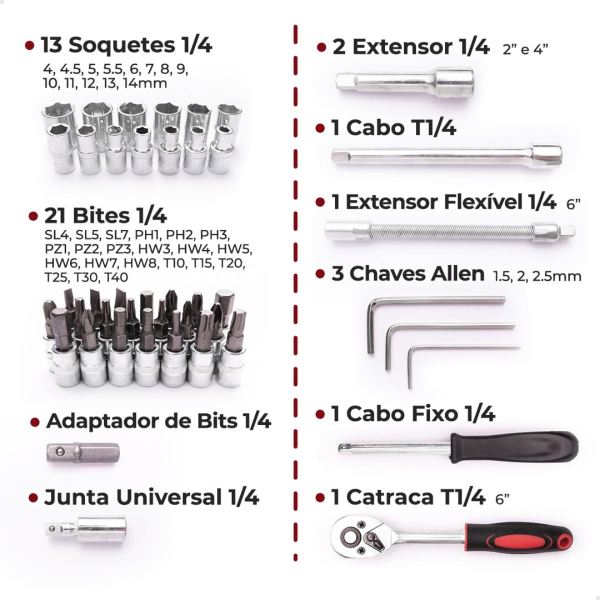 Kit Caixa Jogo de Ferramentas 46 Peças Combinadas Sextavadas Chave