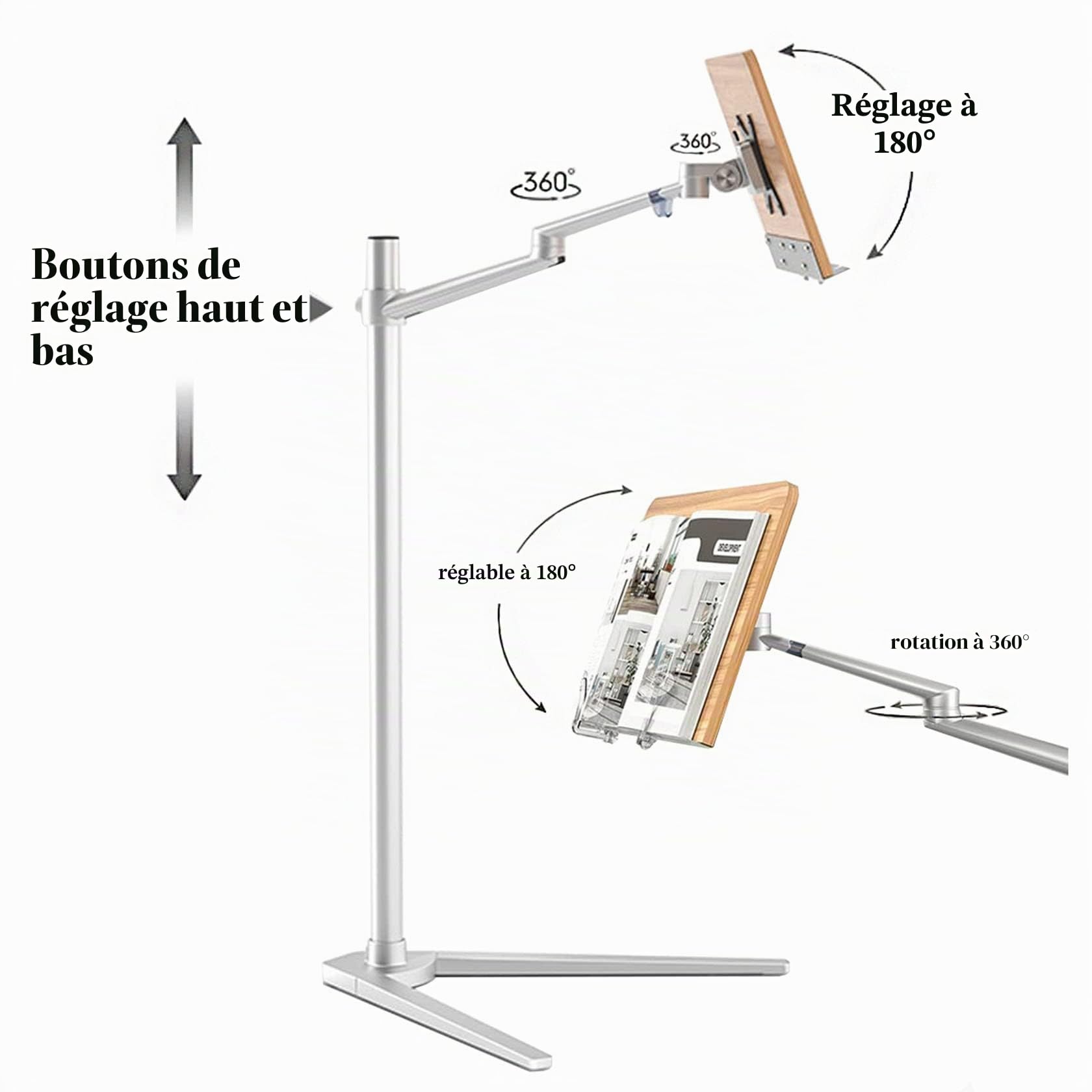 BIEGEN Support de Livre pour Lire Hauteur Réglables Support de Livre Au Sol Rotatif 360 Degrés Cantilever Lutrin de Lecture avec Clips Page Livres Magazines