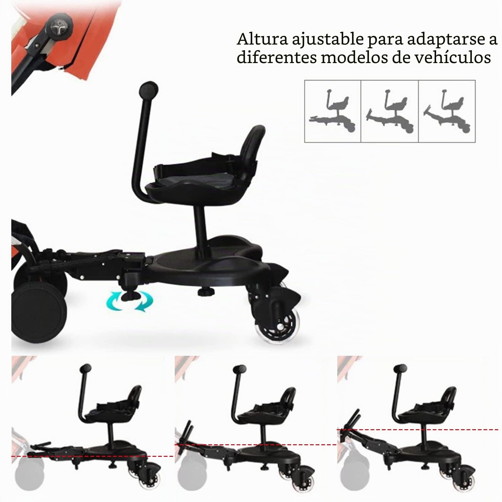 Tabla de cochecito con asiento, tabla de pie, tabla de cochecito para niños pequeños, diseño estable de dos ruedas con asiento, tabla de pie que se adapta a cualquier cochecito (2 en 1 negro)