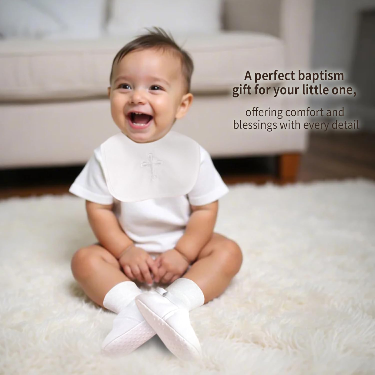 Baptism Gifts Set for Boys and Girls,White Embroidered Cross Bibs Christening Shoes and Socks for Baby Infant. - Image 7