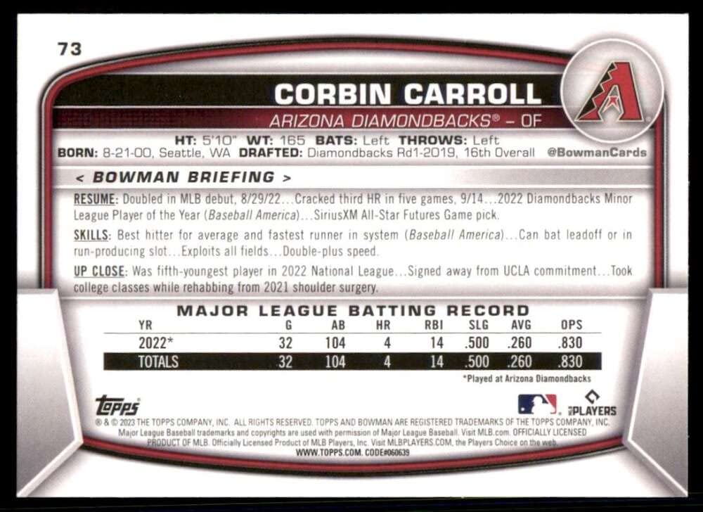 Amazon.com: 2023 Bowman #73 Corbin Carroll RC Rookie Arizona