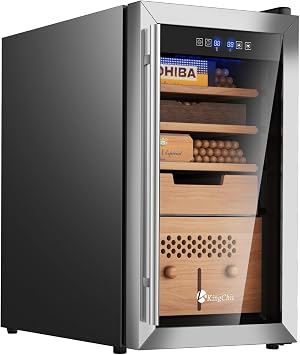 KingChii Upgrade 43L Electric Compression Temperature & Humidity Control Cabinet, Built-in Humidification System with Spanish Cedar Wood Shelves & Drawer Hygrometer Fathers Day Gifts for Men