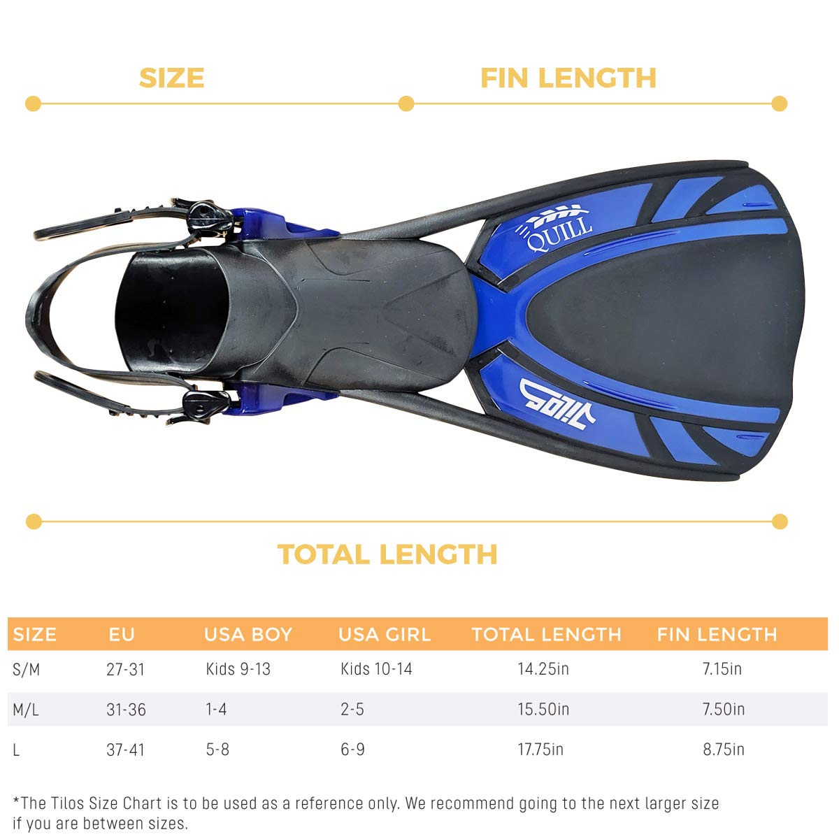 Tilos Quill Current Fins for Diving, Snorkeling, and Swim (Kids Blue, L)