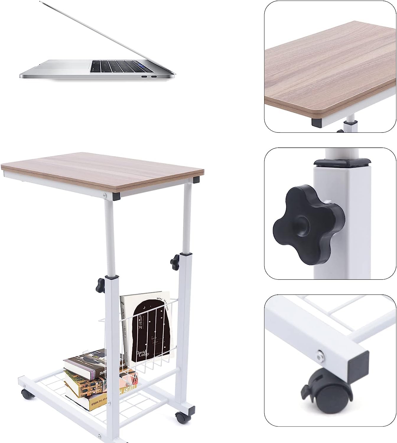 Sofatisch C-förmiger Beistelltisch, rollender Couch-Beistelltisch, höhenverstellbar, mit Ablagefläche, Metallrahmen, tragbarer Laptop-Tisch, kleiner Snack-Tisch für Sofa Schlafzimmer Kaffeetisch