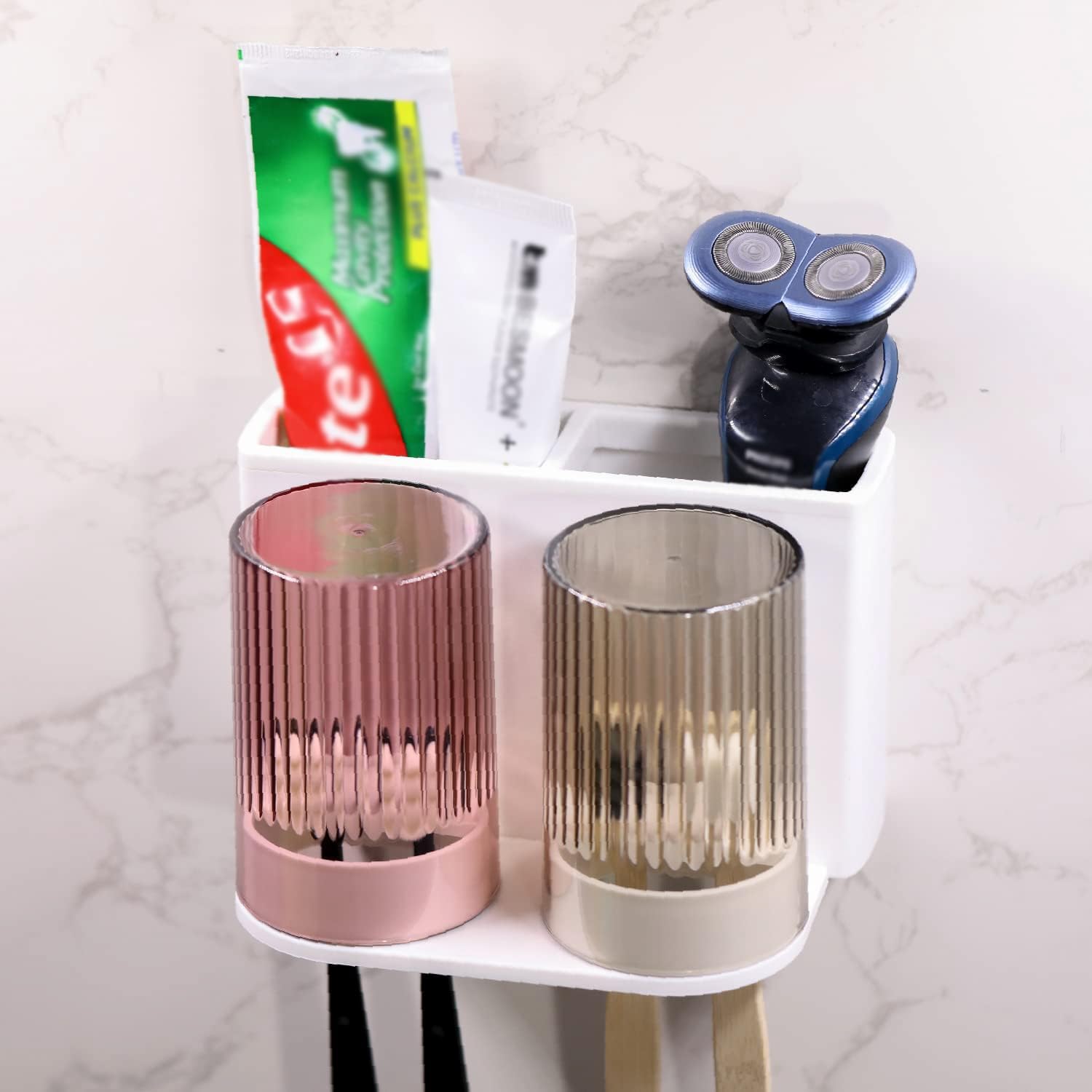 Soporte para cepillo de dientes montado en la pared, soporte para pasta de dientes para cepillo de dientes para organizador de almacenamiento de baño (2 tazas)