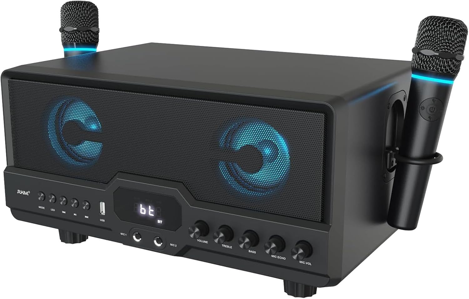 RHM L268 Karaoke Machine, Connect to TV via HDMI & Optical, Support 4 Mics & Bluetooth Connection, with Adjustable Treble and Bass, Powerful Sound & RGB Lights for Home Party