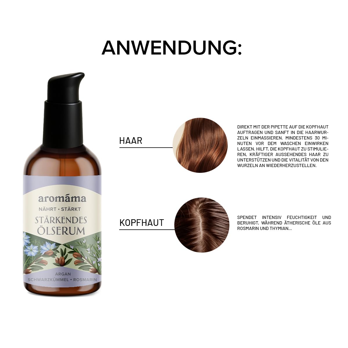 aromáma Haarstärkendes Serum für Kopfhaut & Haaransatz, Natürliche Ölmischung mit Rosmarin, Argan, Schwarzkümmel & Süßmandel – Pflegende Hot-Oil-Behandlung für trockenes, strapaziertes Haar