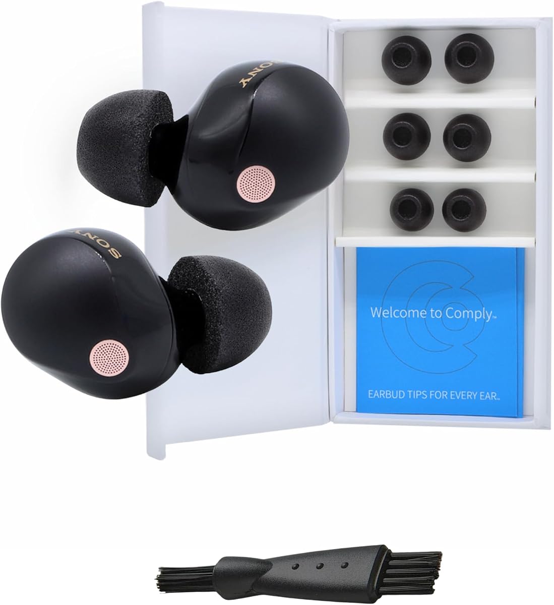 Almohadillas de repuesto de espuma viscoelástica Comply TrueGrip Premium, negras, grandes | 3 pares, para auriculares inalámbricos Sony True, comodidad mejorada, ajuste seguro, aislamiento de ruido superior, herramienta de limpieza