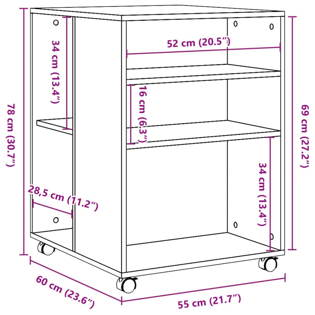 Aktenschrank mit Rollen und Ablagen, Rollcontainer, Mobiler Büroschrank, Büromöbel, Beistelltisch, Aufbewahrungsschrank für Home Office, 55 x 60 x 78 cm, Holzwerkstoff