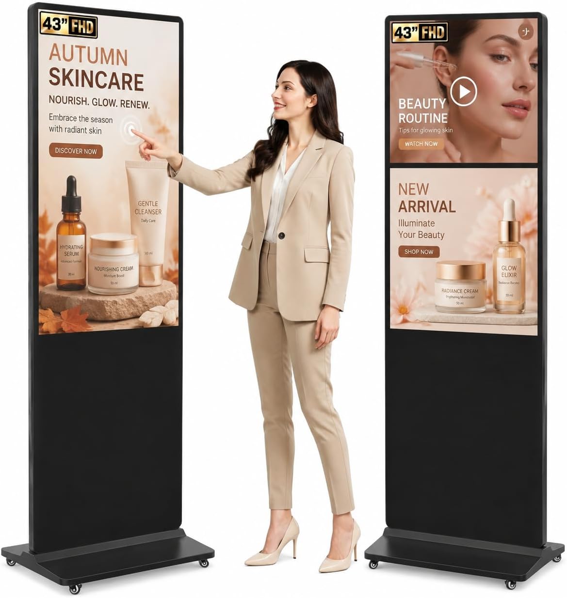 43" Trouchscreen Digital Signage Display Kiosk, FHD 1080P Freestanding LCD Advertising Screen with 4 Wheels, 450 Nits Commercial Digital Poster with WiFi/HDMI/USB, Android OS for Retail & Malls