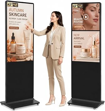 43" Trouchscreen Digital Signage Display Kiosk, FHD 1080P Freestanding LCD Advertising Screen with 4 Wheels, 450 Nits Commercial Digital Poster with WiFi/HDMI/USB, Android OS for Retail & Malls