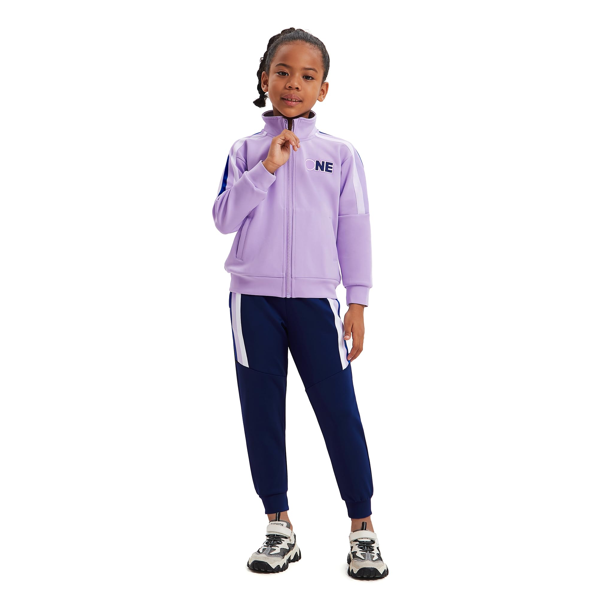 2Pack Mädchen Kinder Outfits Trainingsanzug Set gestreift Bomber Brief drucken Zip Up Crop Top Langarm mit Taschen unten Sport authentisch Jogger Kordelzug Hose für Alter 4-15 Jahre