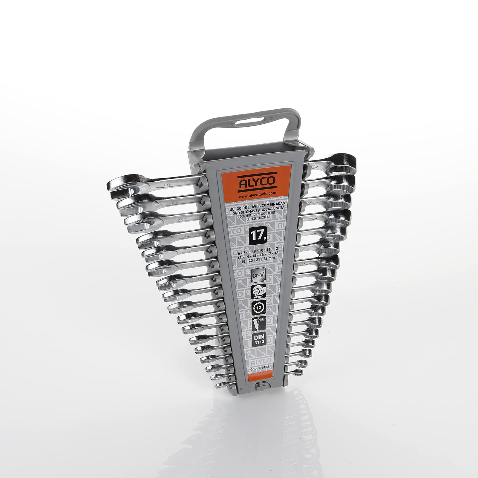 Alyco Orange - Juego de Llaves Combinadas de 17 Medidas (6-22 mm) en Acero Cr-V, Herramientas para Taller Mecánico con Tratamiento Anticorrosión y Soporte Organizador