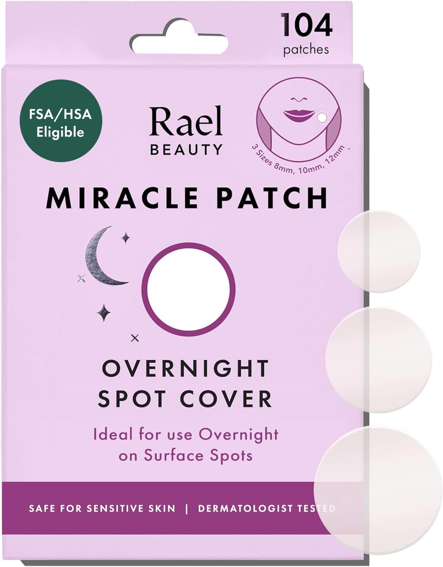 Rael Miracle Anti Pimple Patch Overnight - Korean Skincare, Pimple Patches for the Face, Extra Strong Adhesion, Hydrocolloid Acne Plasters, Vegan, Cruelty Free, 3 Sizes (Pack of 104)