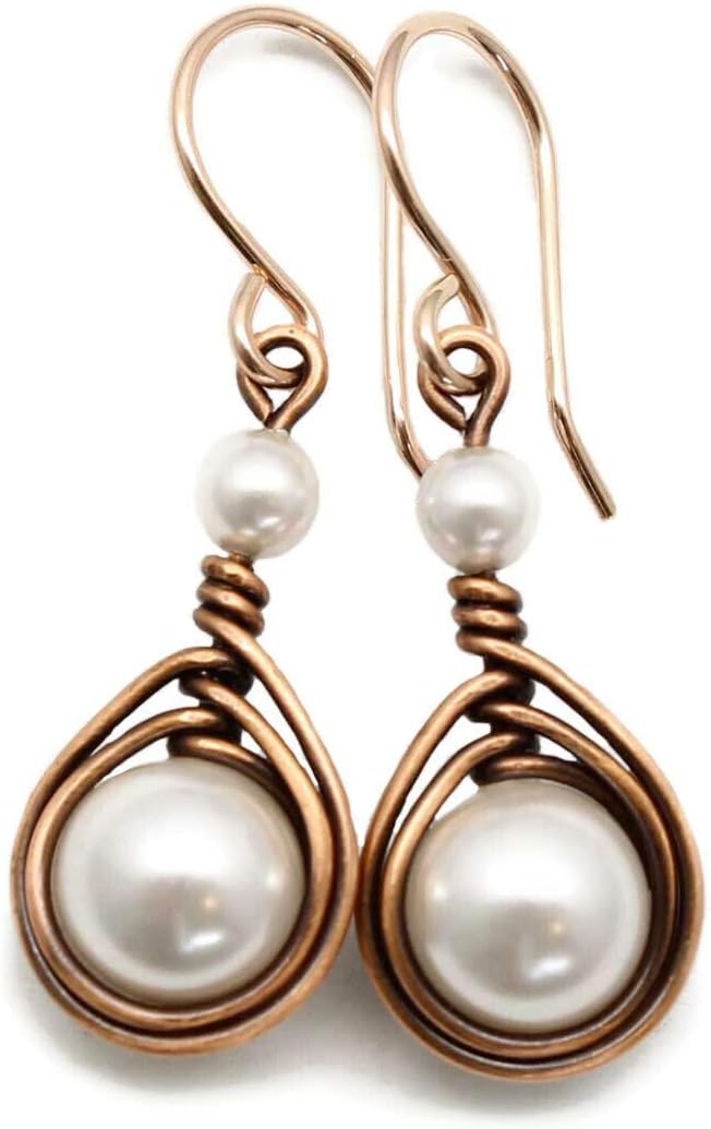 Pillar of Salt Studio Handcrafted Copper Earrings with Simulated Pearl and Rose Gold-filled Ear wires (Antiqued Copper, 1" drop, White)