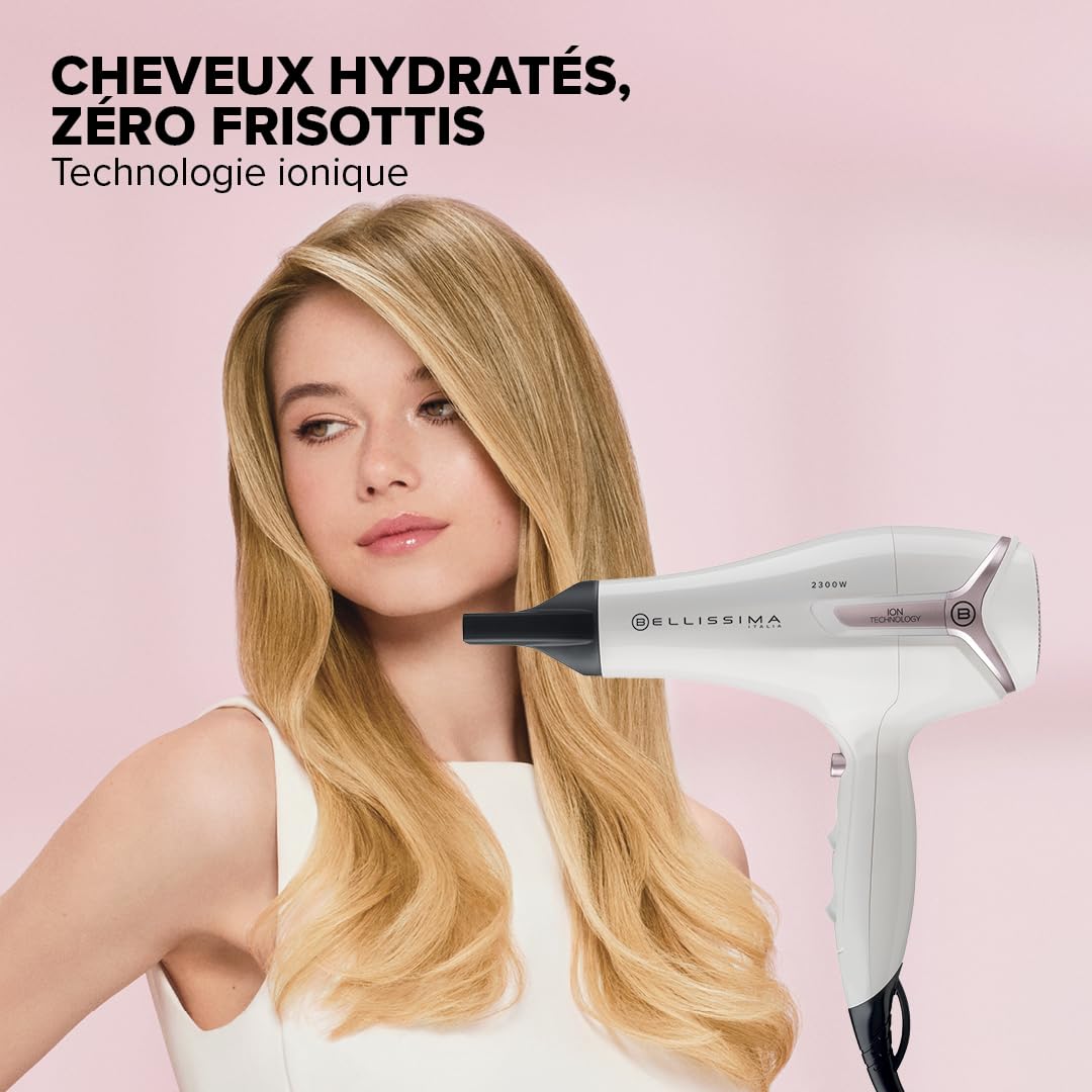 Bellissima Kit Sèche Cheveux Professionnel 2300W Blanc et Rose - Séchage Rapide, Chaleur Maîtrisée - Adapté Tous Types Cheveux - Accessoire Coiffure, Brushing - Brosse Ronde, Diffuseur Inclus