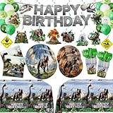 207pcs Dinosaur Party Supplies Plates Napkins Dino World Birthday Decorations Tableware Set Include Plates, Napkins, Cups, Cutlery, Balloon, Banner, Hanging Swirl, Tablecloth for Party Decor Serve 24