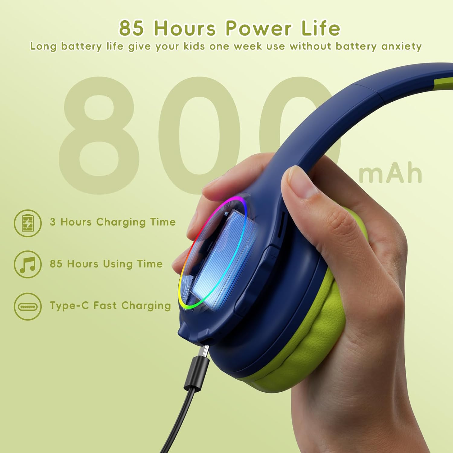 Kids Bluetooth 6.0 Headphones with LED Light, 85Hours Playtimes, Type-C Fast Charging, 85/94dB Volume Limited, Wireless Headphones with Built-in Mic, Wired & TF Card Mode, Blue and Green - Image 4
