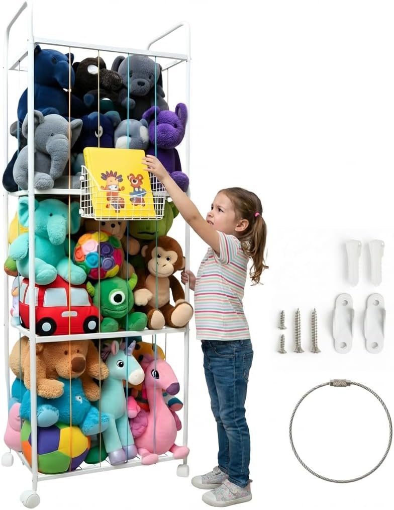 Stuffed Animal Storage Cage with Wheels & Front Basket – Large Metal Tube Organizer for Plush Toys, Playroom or Nursery – Space-Saving, Durable & Stylish – Includes Wall-Mount Option