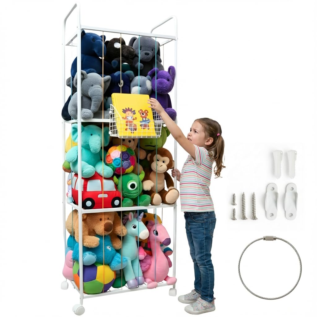 Stuffed Animal Storage Cage with Wheels & Front Basket – Large Metal Tube Organizer for Plush Toys, Playroom or Nursery – Space-Saving, Durable & Stylish – Includes Wall-Mount Option