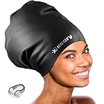 Extra Large Swim Cap for Braids and Dreadlocks Afro Hair Weaves Long Hair, Waterproof Silicone Cover Ear Bath Pool Shower Swimming Cap for Women Men Youth Adult Girl to Keep Hair Dry, Black XXL