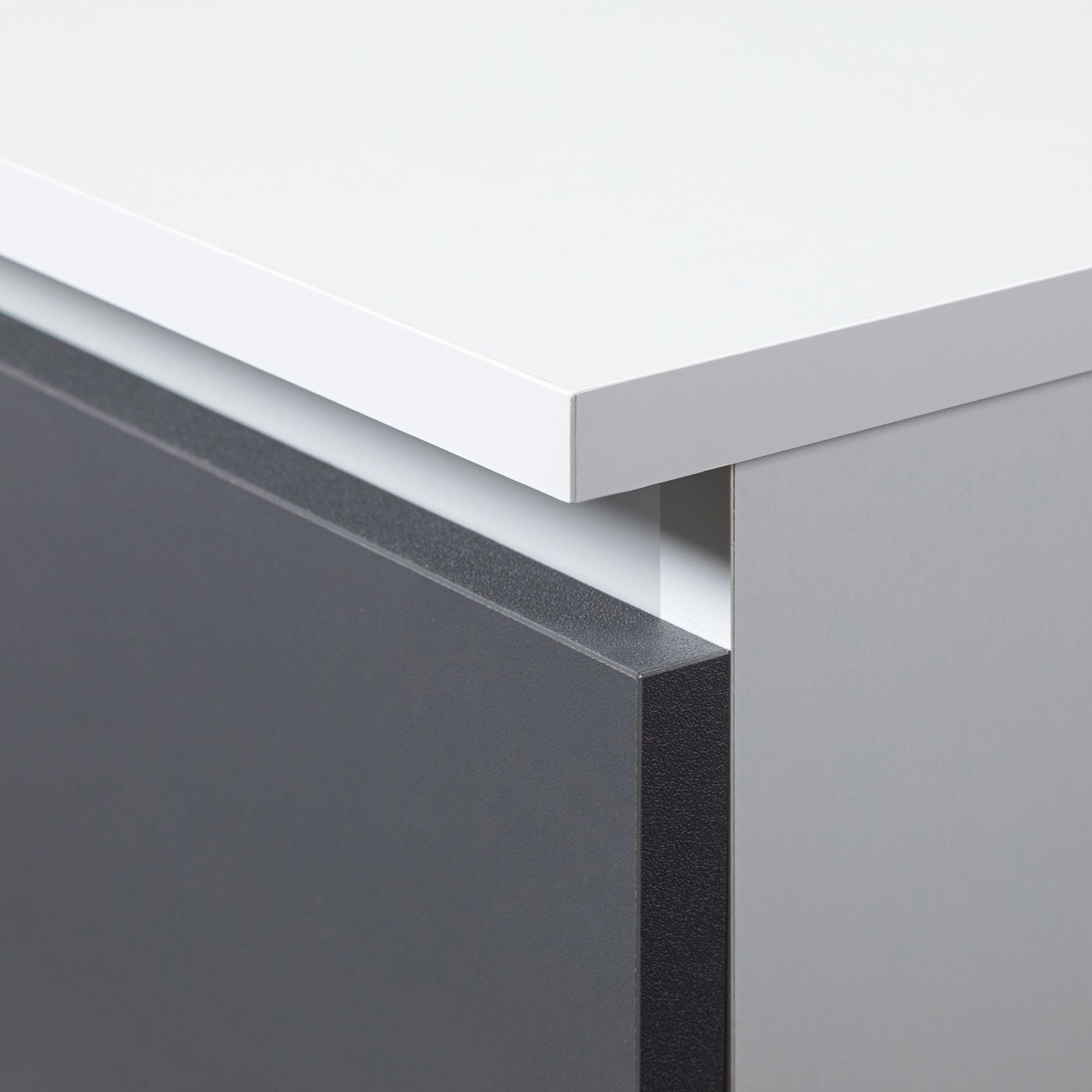 AKORD Bureau d'angle avec 2 étagères et 3 Tiroirs | Table avec Meuble de Rangement intégré et modulable | L124 x H77 x P85 | Fourniture Bureau | Blanc & Graphite Façade