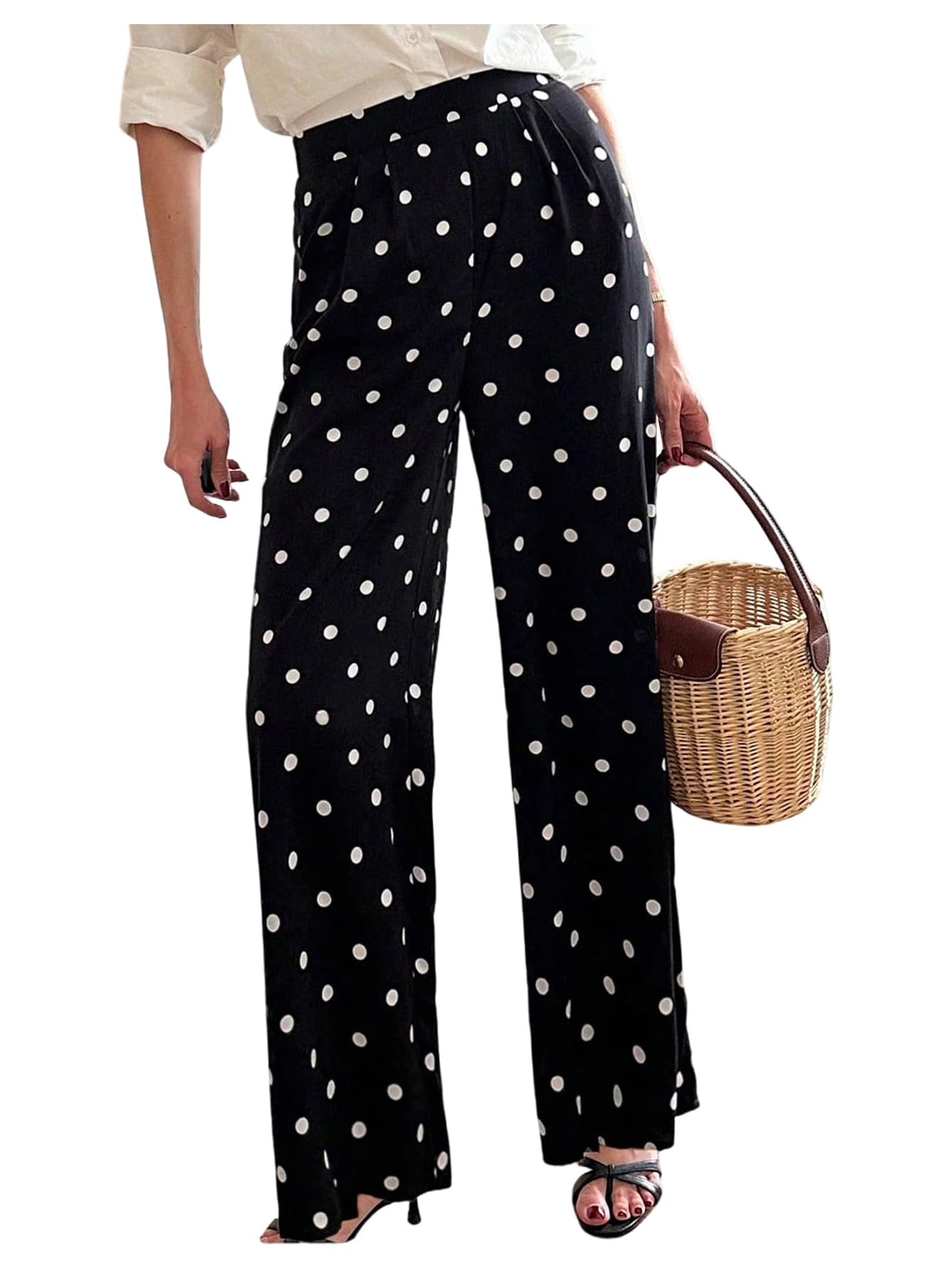 MakeMeChic Womens Fall Y2K Polka Dots Pants Elastic Waisted Straight Leg Trousers