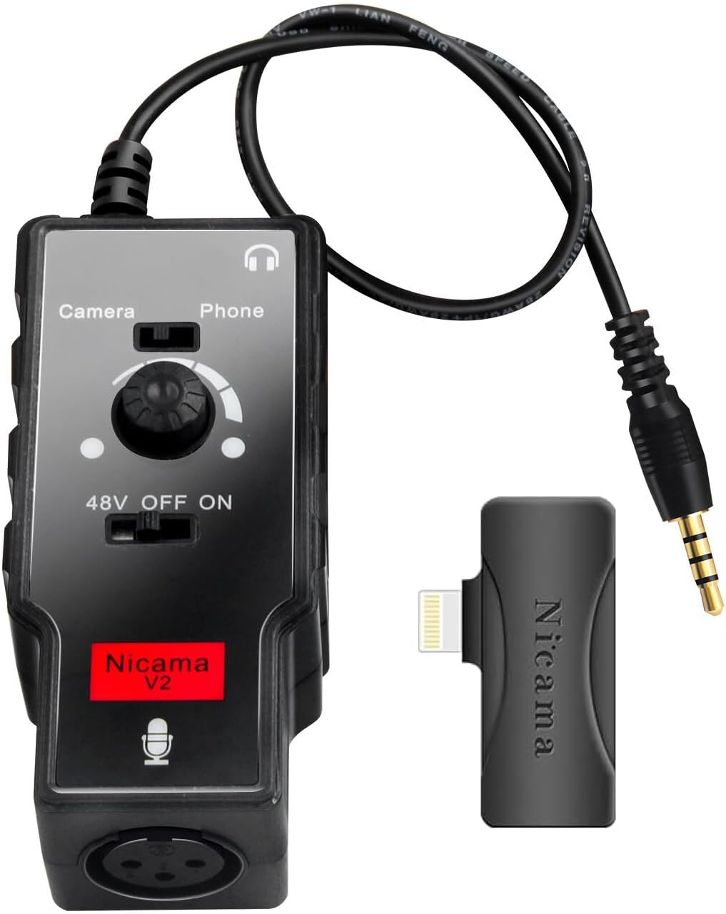 NicamaV2 Microphone Preamp for iPhone iPad DSLR Camera, XLR Female to 3.5mm TRS, TRRS Adapter with Phantom Power for Shotgun or Condenser Rode Sennheiser Microphones