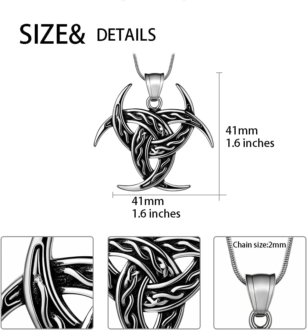 Celtic Knot Necklace Viking Pendant - Celtic Norse Triple Odin Horns Crescent Moon of Oden Horn Necklace Mens 316L Stainless Steel Triskelion Amulet Pewter Tribal Protection Viking Triskele Jewelry - Image 2